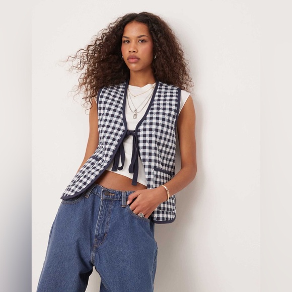 Free People Jackets & Blazers - Free People Claudine Quilted Vest Gingham Tie-Front Medium 100% Cotton